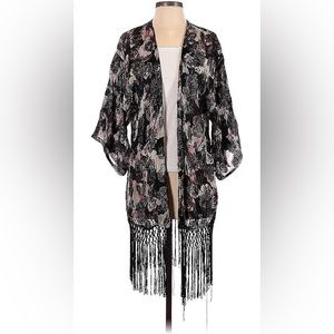 Topshop Black and Pink Floral Kimono with Black Fringe - M